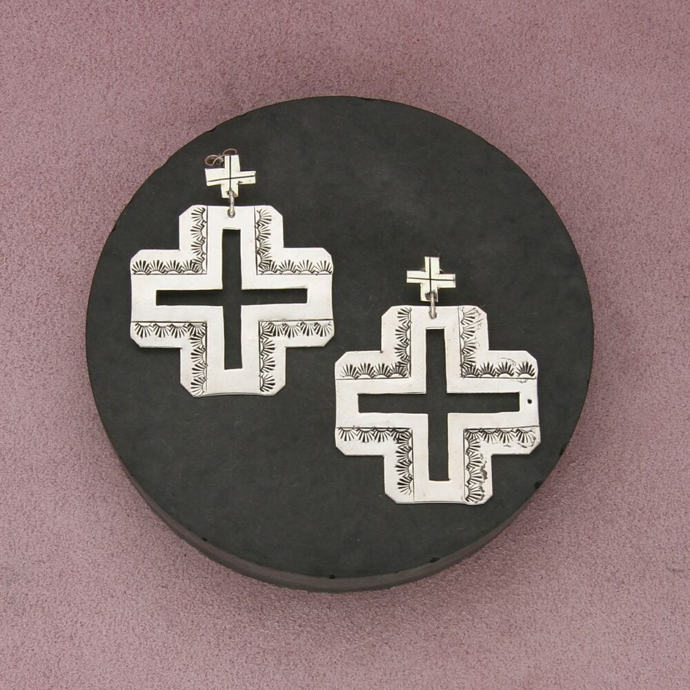 navajo sterling silver vintage large stamped cross dangle post earrings